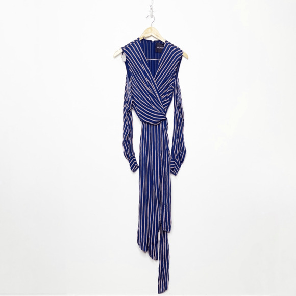 NICHOLAS Pinstripe Wrap Dress Navy Blue Midi silk cold shoulder women's 2 - Picture 3 of 5